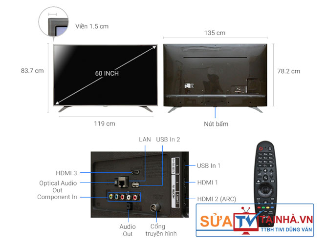 Kích thước của Smart Tivi LG 4K 60 inch 60UH650T