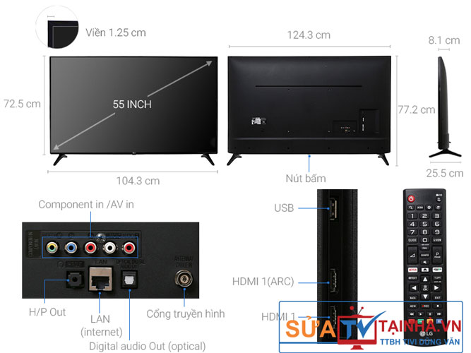 Kích thước của Smart tivi LG 55 inch 55LJ550T