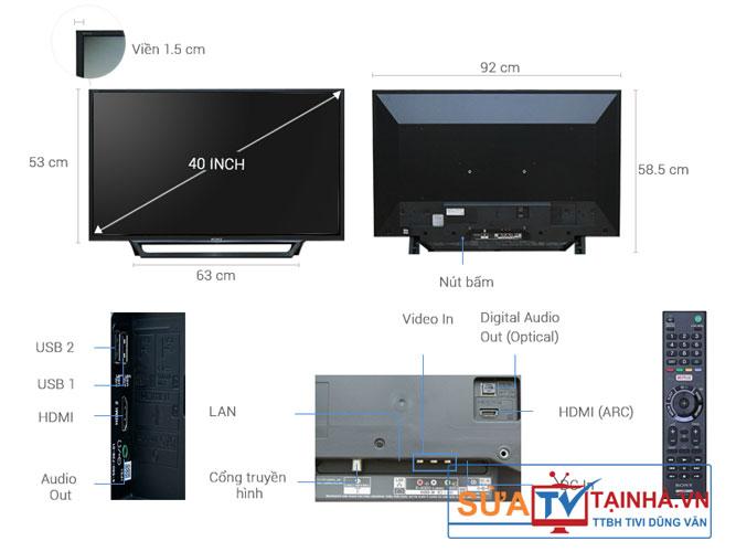 Kích thước Internet Tivi Sony 40 inch KDL-40W650D